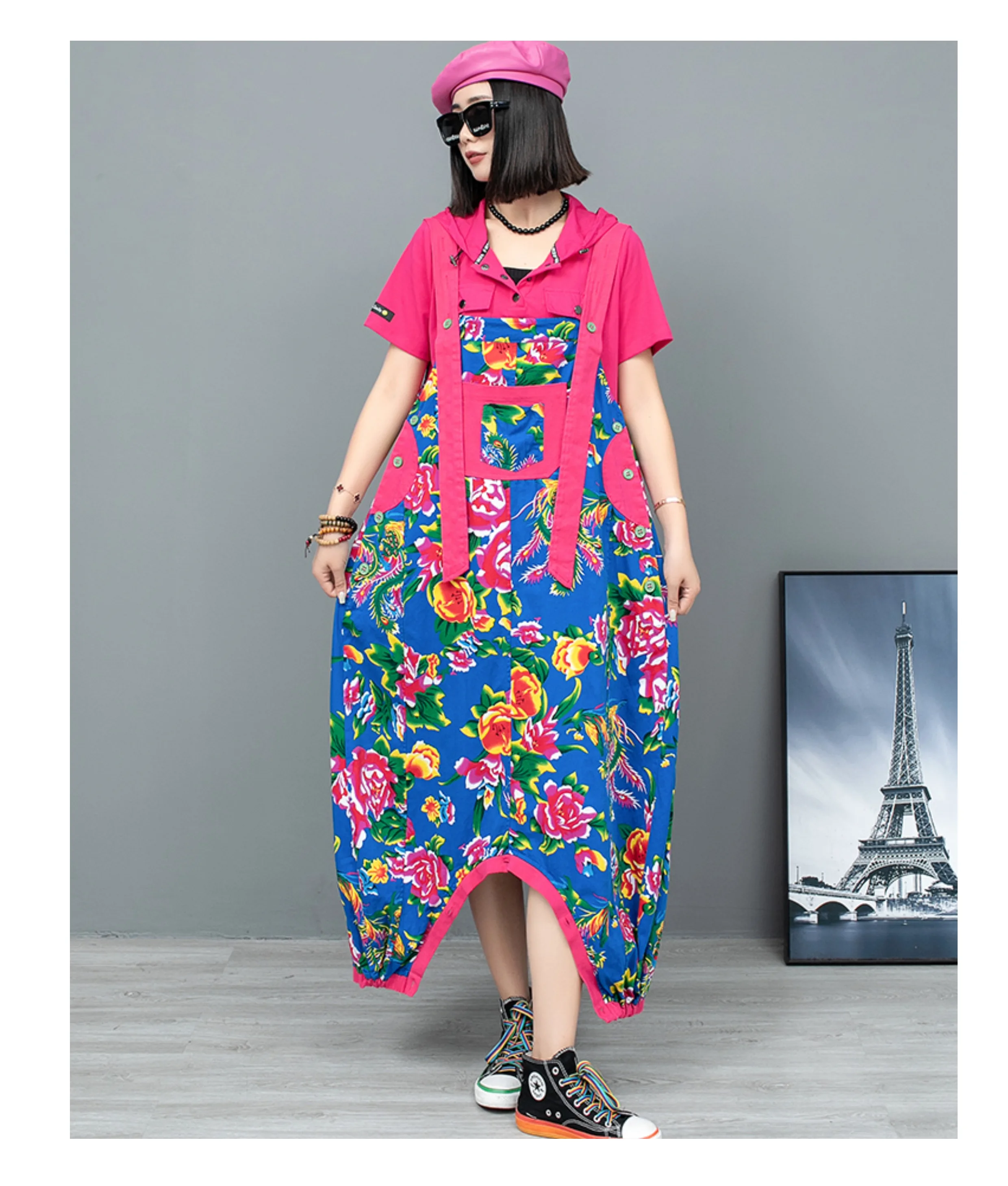 Vintage Peony Print Color Overalls Women\'s Chinese National Style Summer Can Wear Two Loose High Waist Crotch Jumpsuit