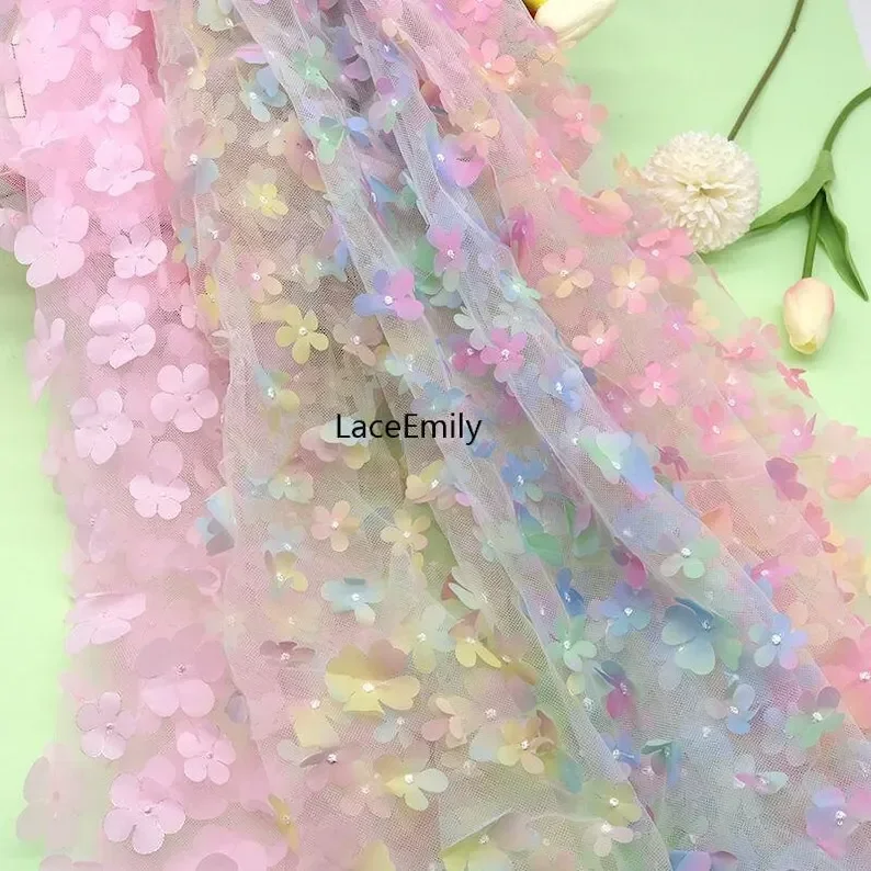 

Colorful flower mesh tulle, 3D Flower Embroidered Gradient lace fabric for Weddings, Birthday Dress, Bridal Dress 1 yards