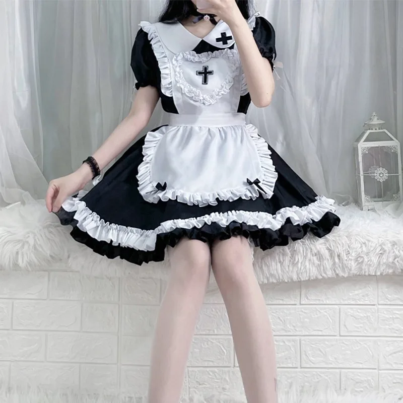 Original Japanese Soft Sister Lolita Wine Red Cross Maid Outfit Cos Clothing Maid Skirt Women Dresses Cosplay Girls Cute Clothes