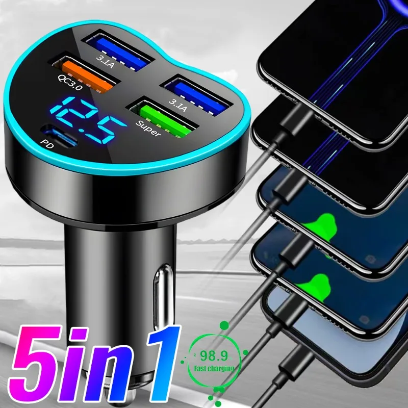 

5In1 Heart Shape Digital Display Car Charger PD+4USB Super Fast Charging Phone Adapter Socket Cigarette Lighter Auto Accessories