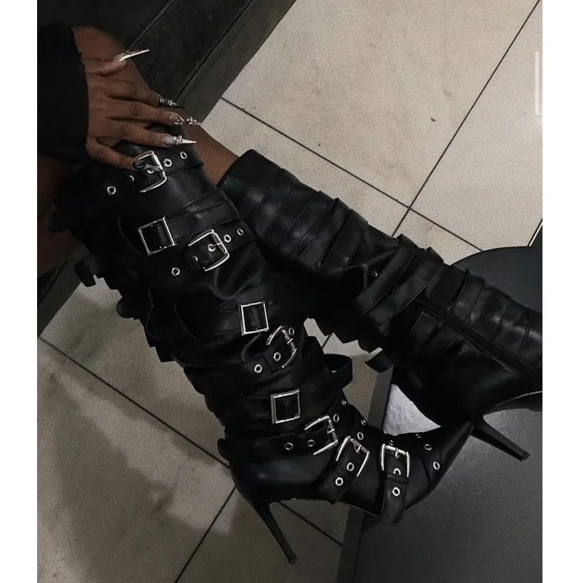 

Black Belt Buckle Decor Boots Pointed Toe Side Zipper British Style Spring for Women Party Dress Boots 2025 Zapatos Para Mujere