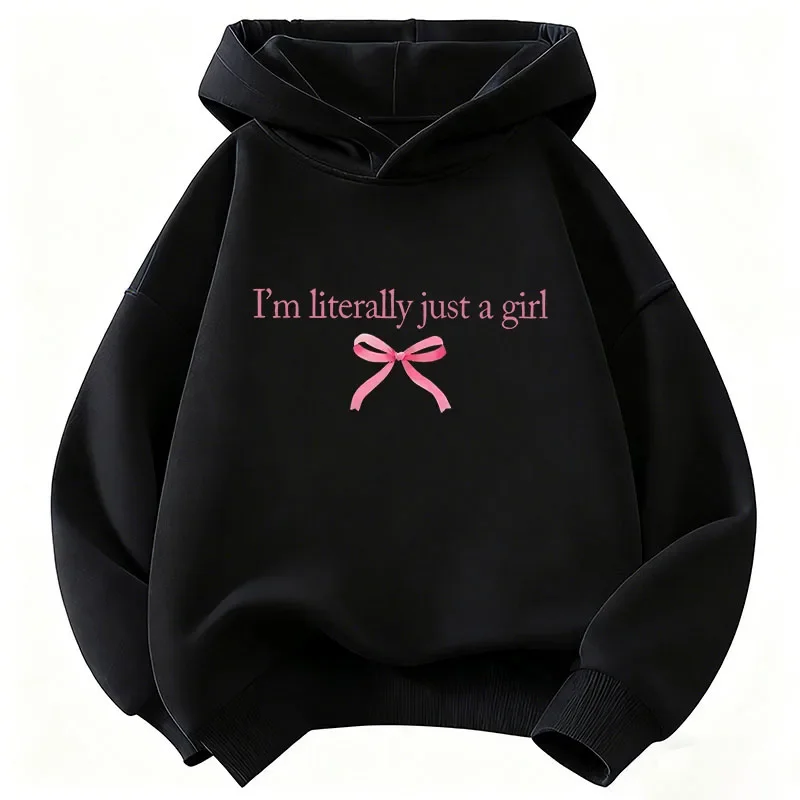 【I'm Literally Just A Girl.】 Children's Bowknot Letter Print Autumn Sports and Casual Fashion Hooded Shirt Girl's Hoodie