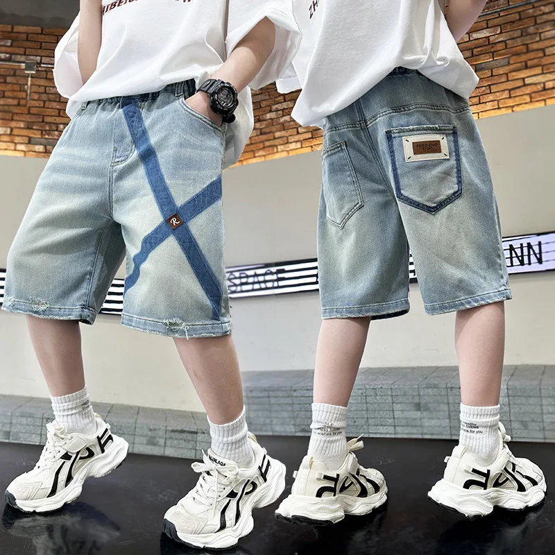 Loose Straight Child Drawstring Denim Shorts for Boys Ripped Baggy Five-Quarter Pants with Drawings Kids Fashion Street Capris