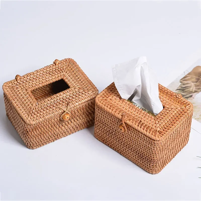 Handmade Rattan Tissue Box Household Napkin Storage Container Office Desktop Paper Towel Dispenser Barthroom Hotel Tissue Holder