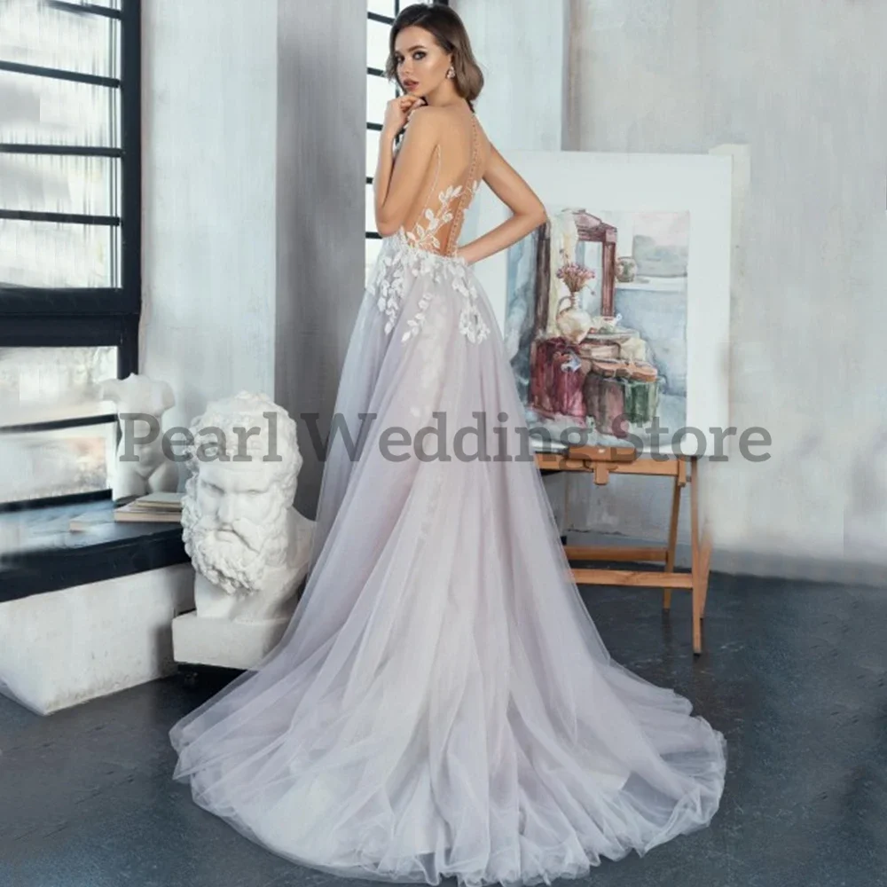 Sexy Backless Wedding Dresses Crew Neck Appliques Tulle Beach Bridal Marring Customizable Gowns Season's New Multi-Sizes