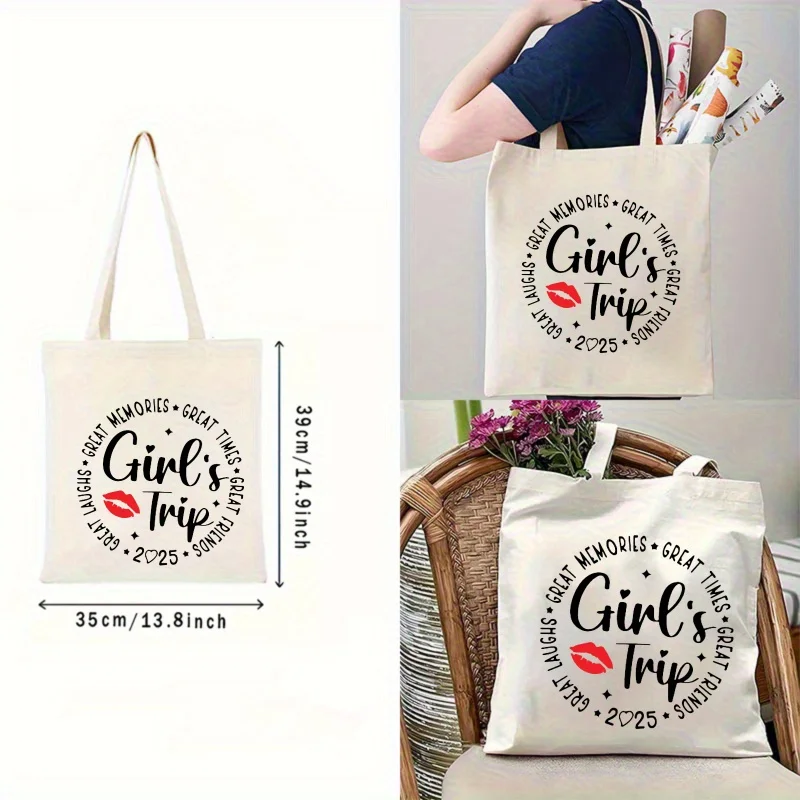 Tote Bag White Trip 2025 with Lip Print and Inspirational Text for Travel and Shopping