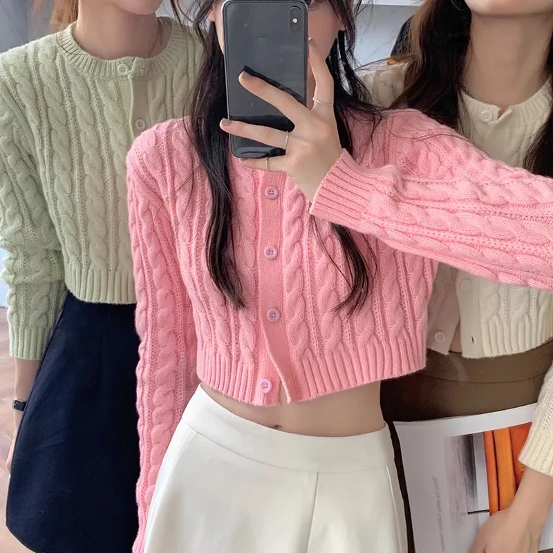 Cable Knit Crop Cardigan for Women Teen-girl Slim-fit Long Sleeve Button Down Sweater Jacket Fall Winter Y2K 90s Acubi Outfit