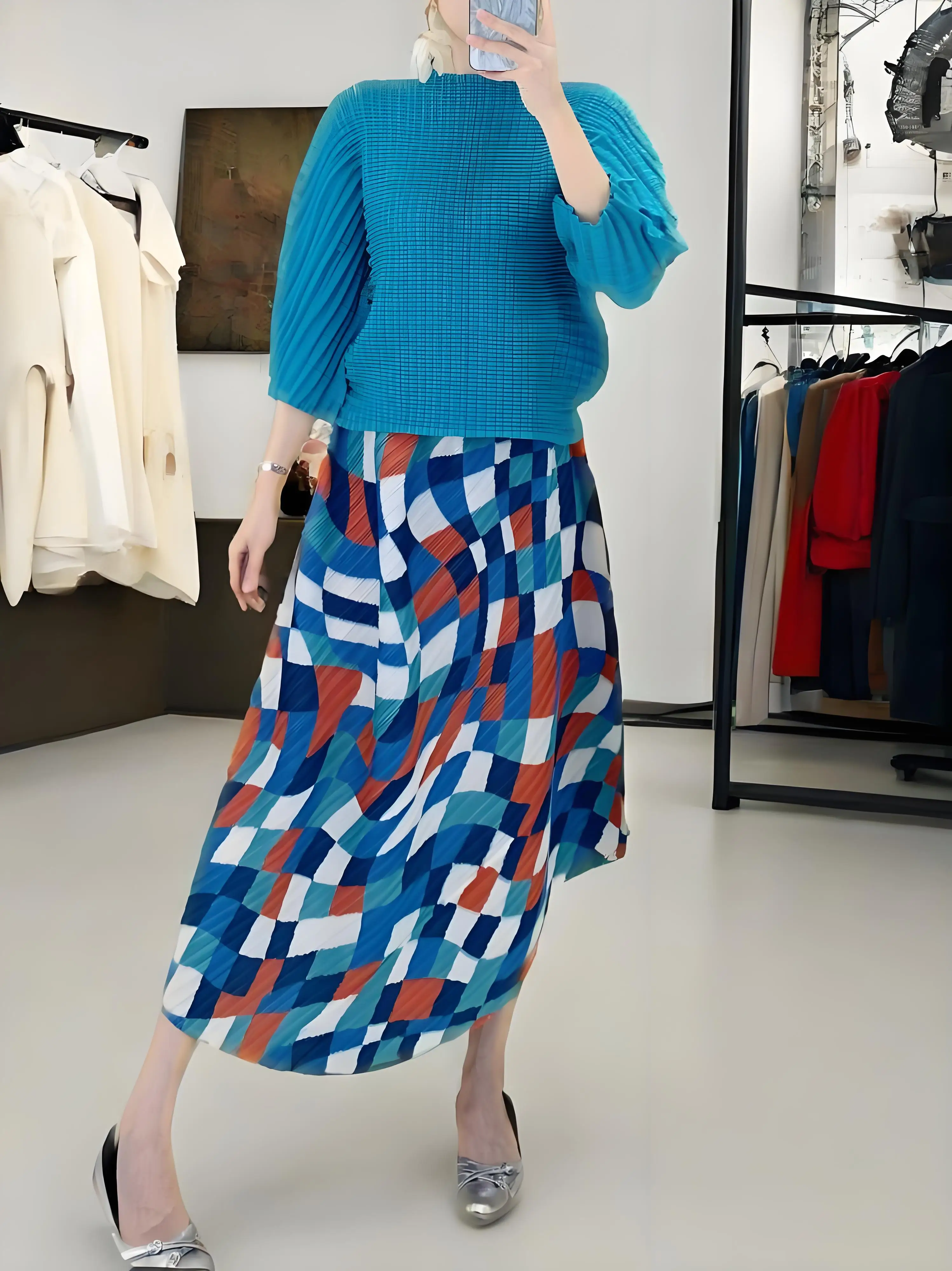 

Miyake 2025 Summer New Skirt Fashion Age Reduction Loose Comfortable Printed Skirt Pleated Irregular Retro Plaid Print Skirt