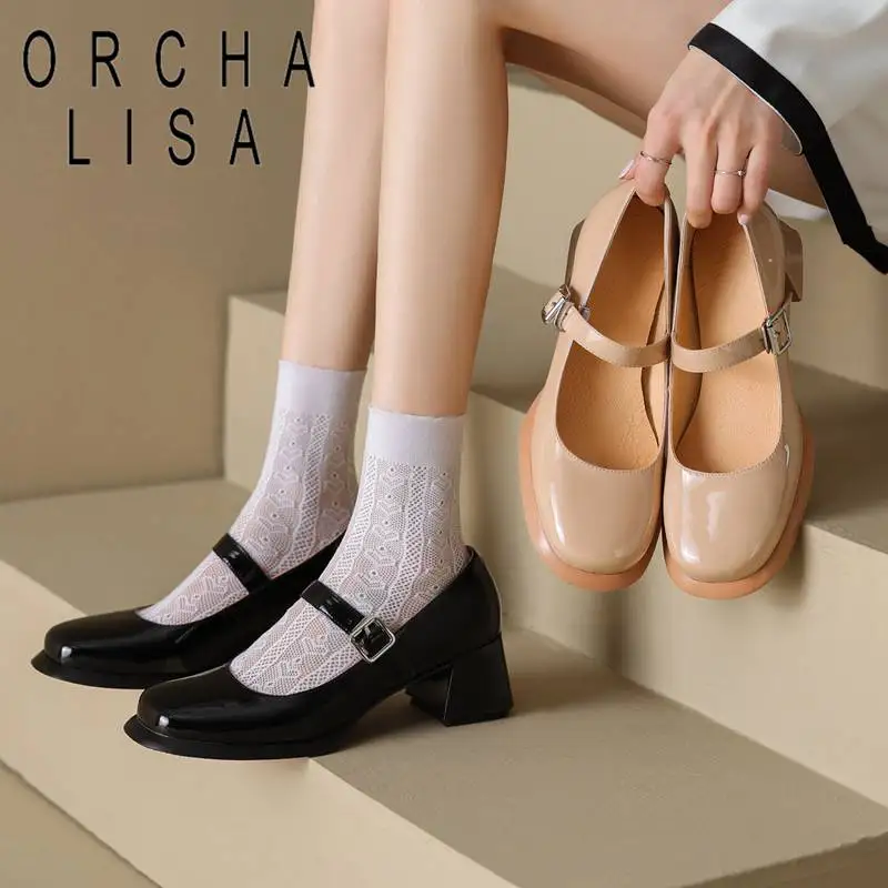 

ORCHA LISA Brand Ladies Pumps Genuine Leather Round Toe Block Heels 5cm Buckle Strap Elegant Mary Jane Solid Office Shoes Spring