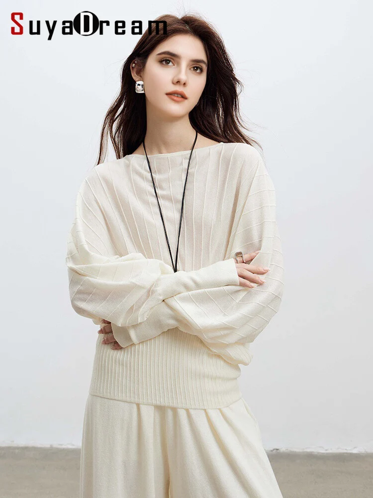 SuyaDream, Pullovers for Woman, 31%Wool, Slash Neck, Bat Sleeved, Chic Sweaters, 2025 Fall Winter Top, White