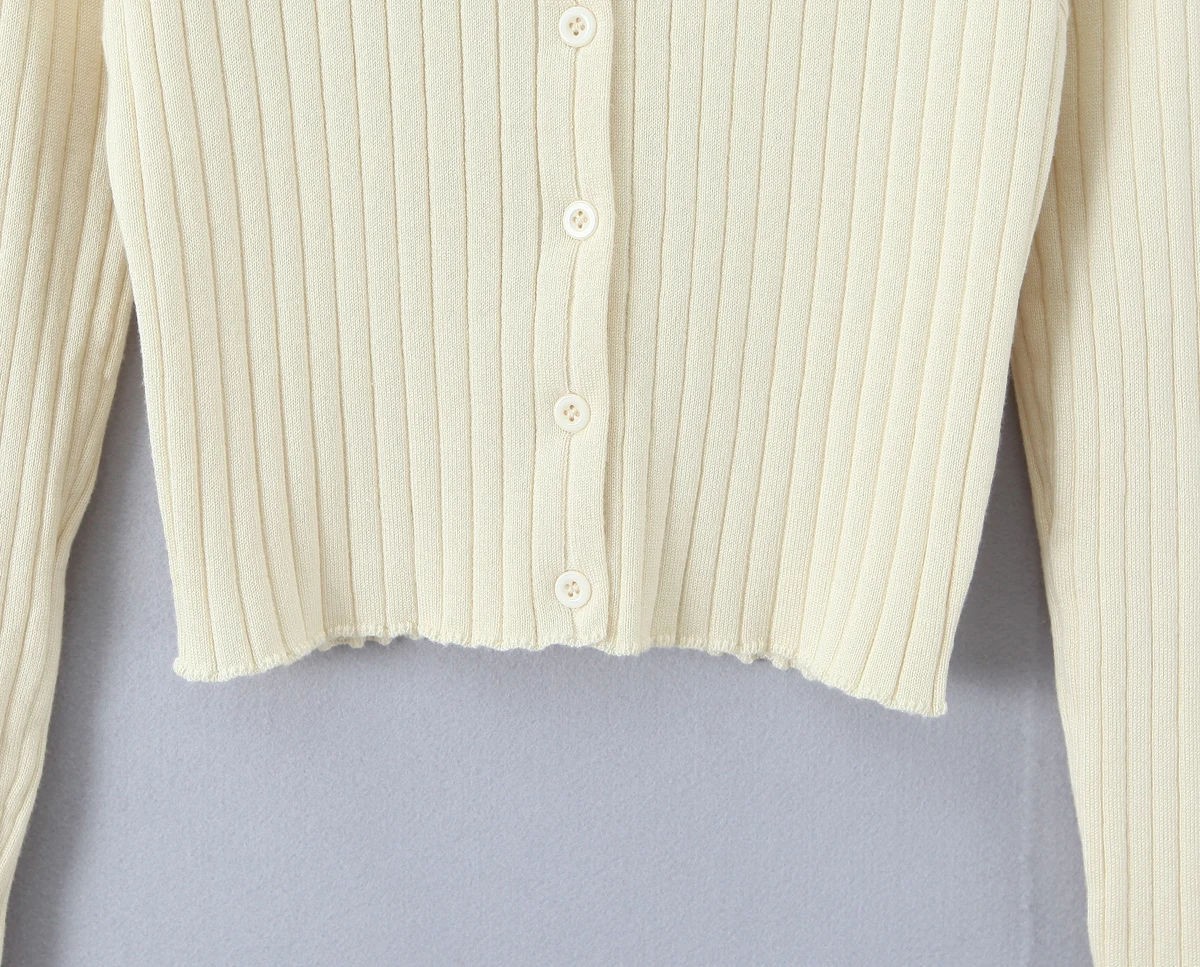 جديد الخريف البيج الضلع متماسكة زر من خلال Pointelle سترة الحلو للنساء س الرقبة طويلة الأكمام المحاصيل سترة تريكو الوردي