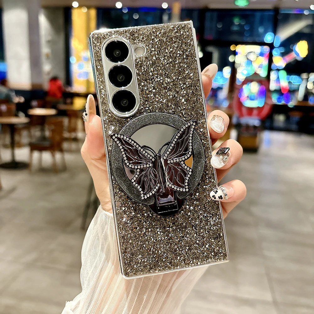 Luxury Hard PC Electroplated Frame Phone Cover for Samsung Galaxy Z Fold 7 6 5 4 Case with Butterfly Bracket