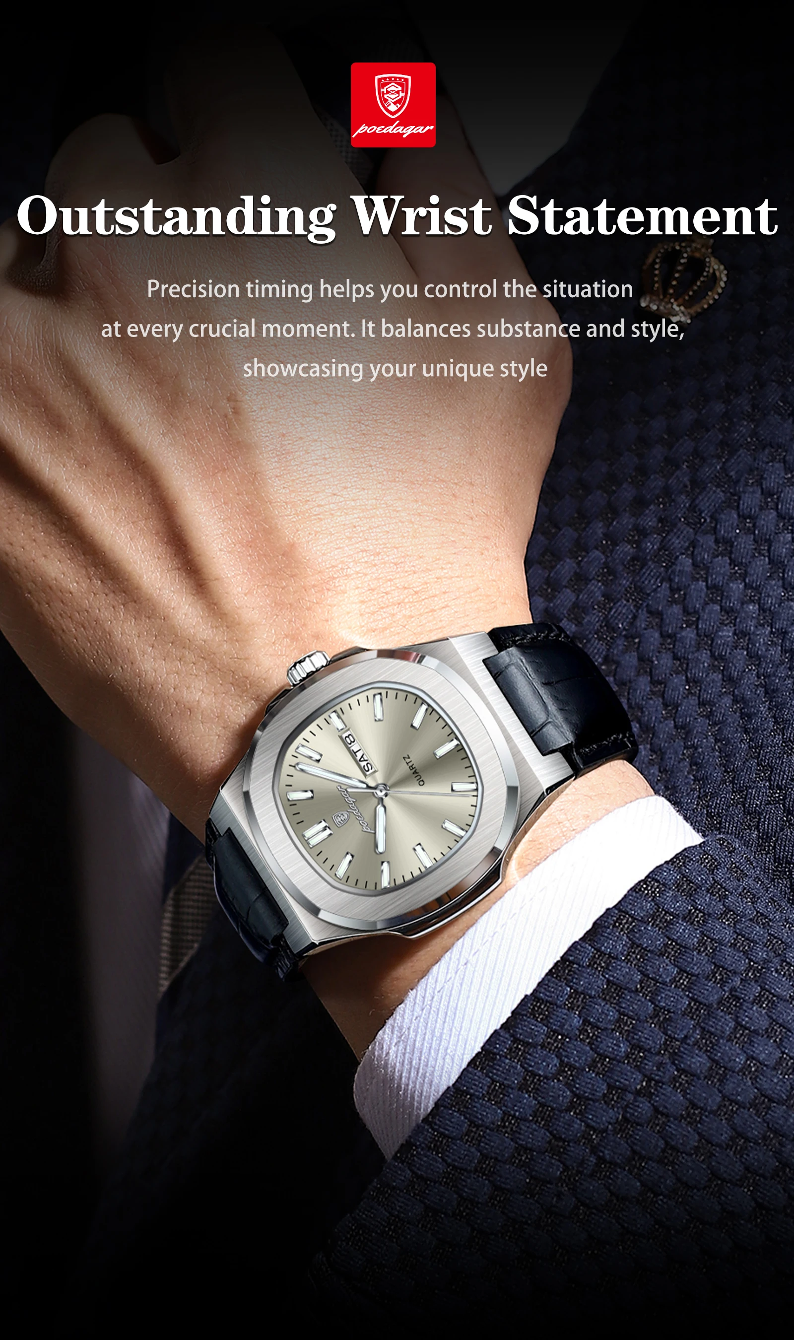 POEDAGAR Top Casual Herrenuhr Leuchtend Wasserdicht Leder Business Herren-Armbanduhr mit Wochentag und Datum Quarz Mode Herrenuhren Reloj – Detail 4