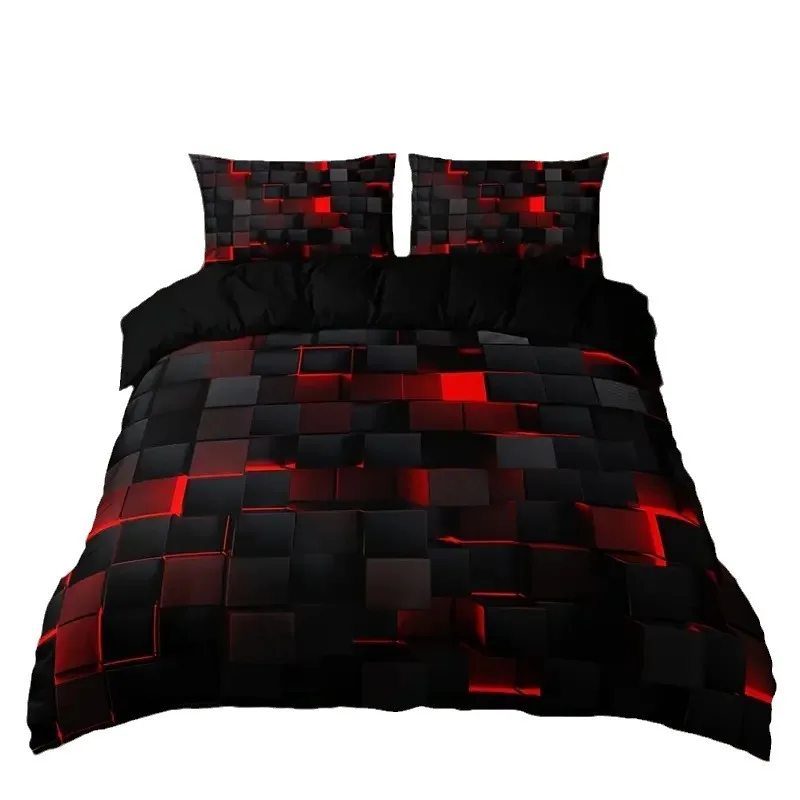 

Modern Geometric Cube Grid Plaid Checked Bedding Set 3D Digital Print Energy Block Duvet Cover & 2 & 1 Pillowcases, Soft Fabric