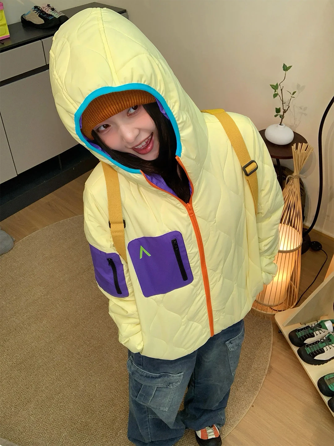 Fluorescente een à prova de vento impermeável contraste cor com capuz algodão Jaet masculino e feminino inverno quente ao ar livre leve...