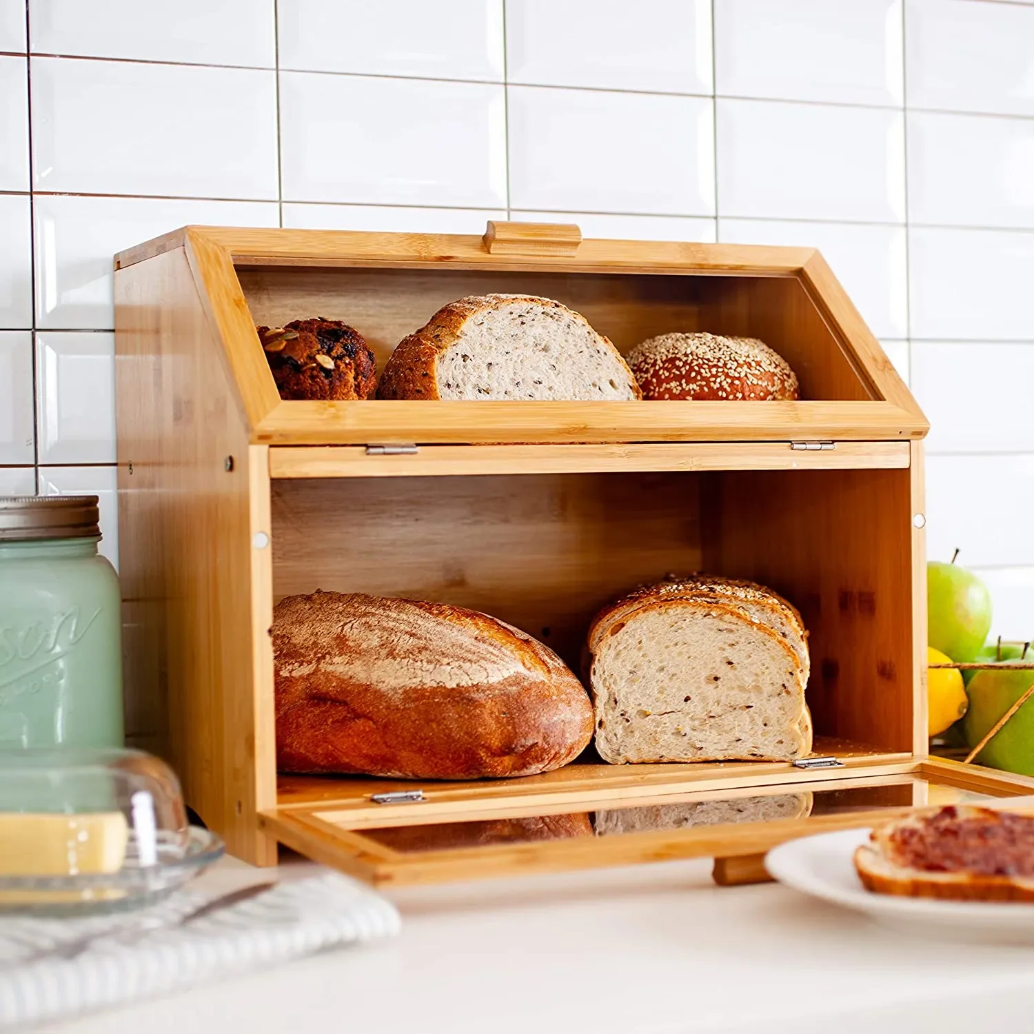 Bread Box for Kitchen Counter, Double Layer Bread, Pastry Cake Storage with Clear Windows, Rustic Farmhouse Style Bread Bin