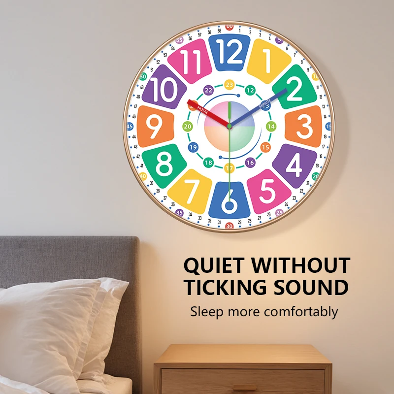 Educational Time Teaching Wall Clock Color Blocked Dial Silent Quartz Analog Clock Learning Tool for Children Bedroom Classroom