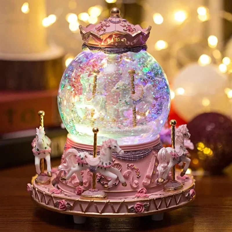 

Gift Wrapped Music Box Carousel Horses Color Lights Unicorn Musical Snow Globe for Girls and Women Baby Birthday Presents