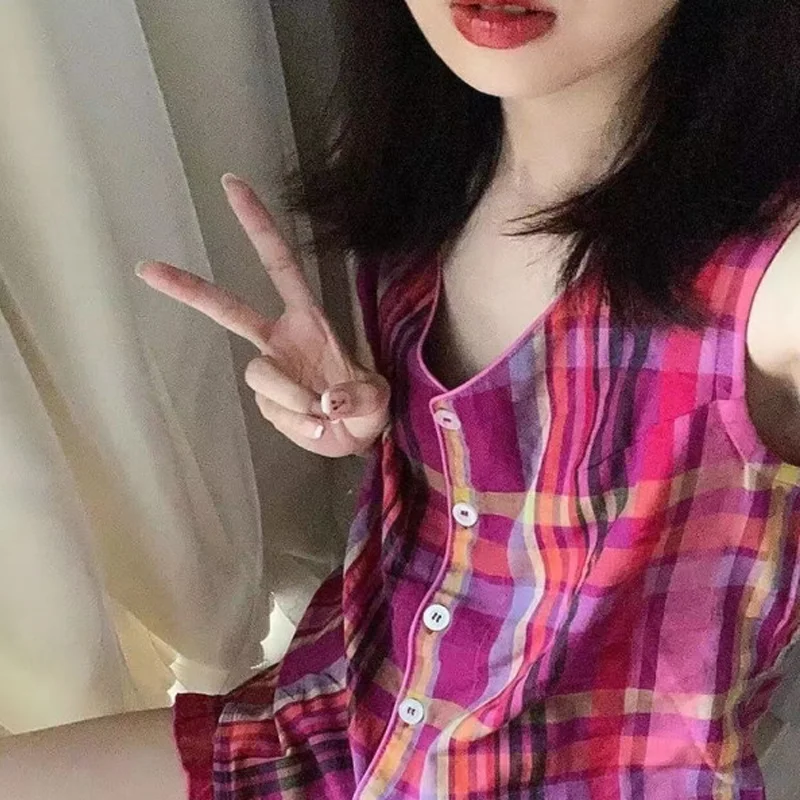 Summer Ladies Pajamas Set Ins Colour Blocking Plaid Vest Pajamas Female Summer Models New Sleeveless Leisure Home Shorts