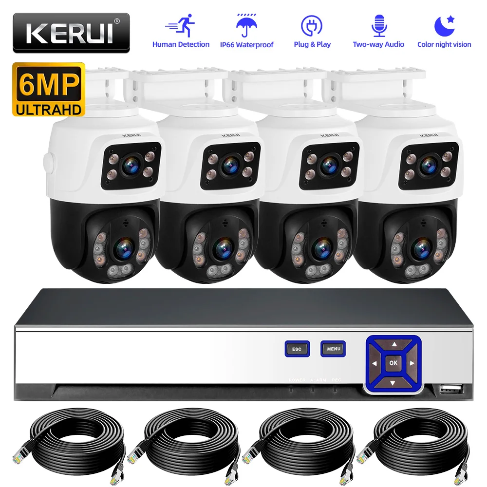 

KERUI 4CH POE NVR Kits Dual Lens 6MP POE Camera for Outdoors Waterproof Wireless Video Surveillance System Home Security System