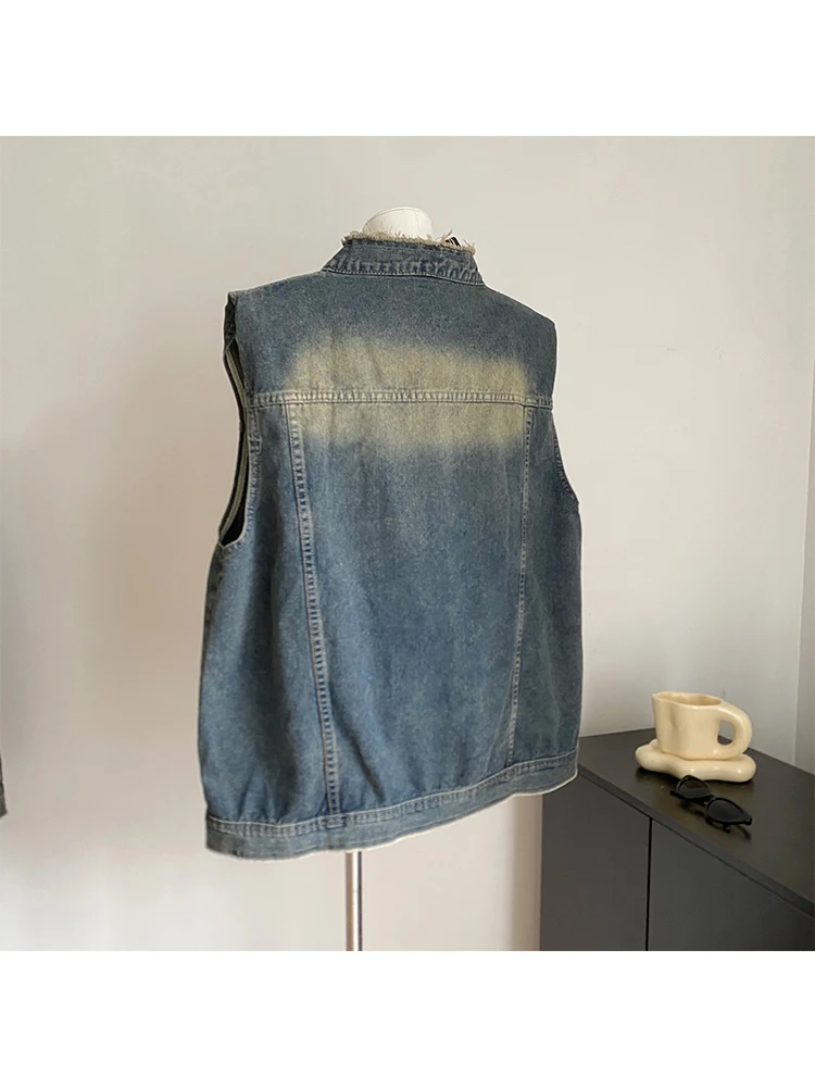 Veste en fibre denim pour femme, gilet de style coréen, manteau en denim, streetwear à la mode, vêtements vintage Harajuku, haut d'extérieur, 2024