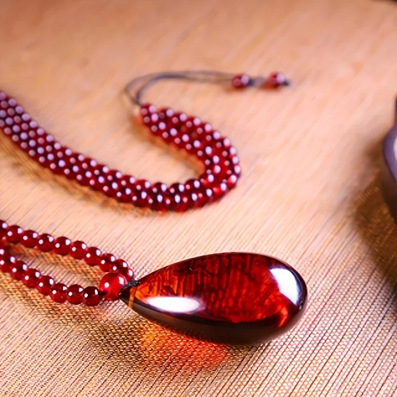 Baltic Amber - Beeswax Droplet Blood Amber Pendant, Men's and Women's Long Sweater Necklace