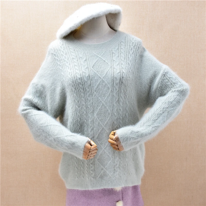 

Ladies Women Autumn Winter Clothing Hairy Jacquard Angora Rabbit Hair O-Neck Long Sleeves Loose Pullover Sweater Jumper Pull Top
