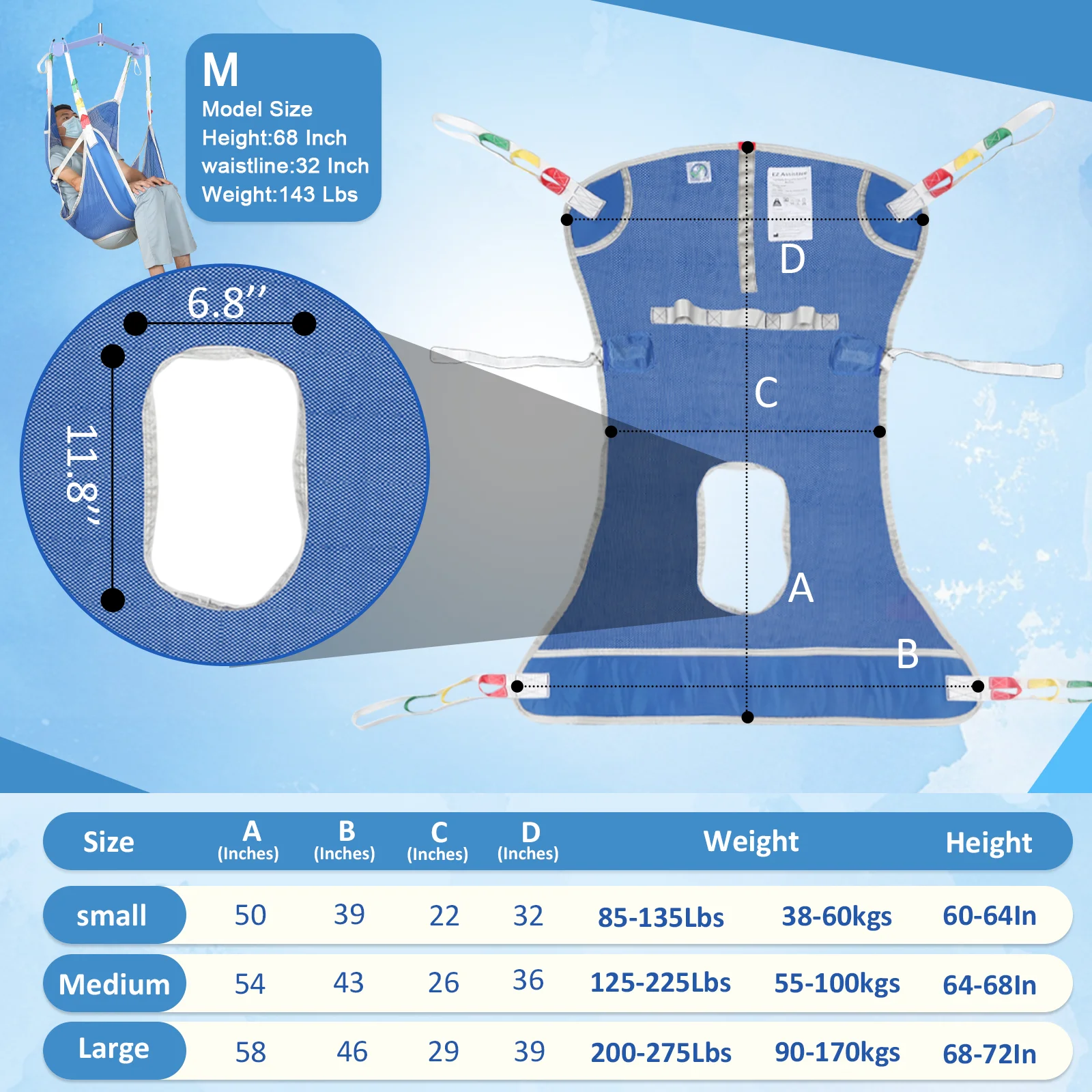 Full-Body Mesh Patient Hoist Sling with Commode Opening