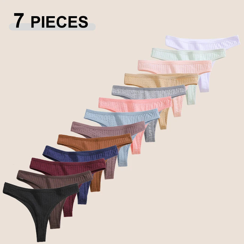 7Pcs/Set Cotton Thread Thongs Underwear Seamless Breathable Bikini T-Back G-Strings Panties Female Low Waist Sexy Lingerie S-XL