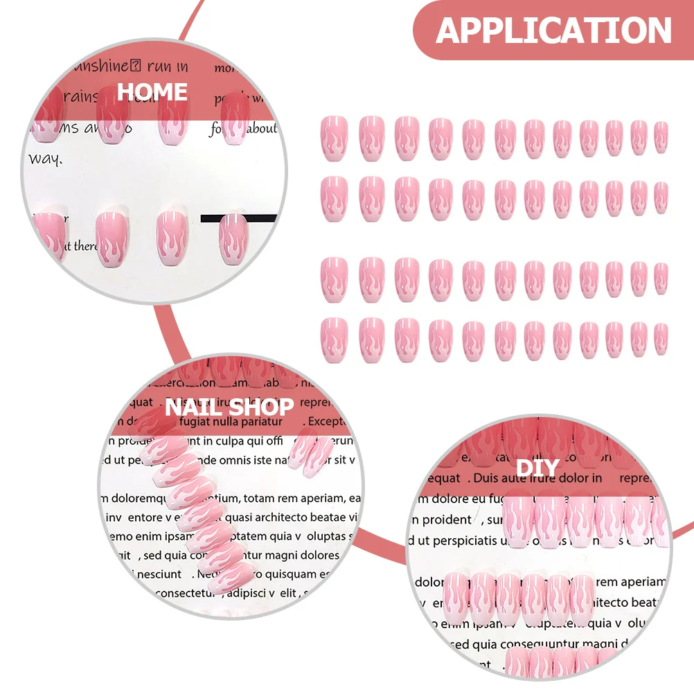 

48Pcs Flame False Nails Pink DIY Nail Tips Full Cover Female Fake Nail Decorative Patches Female Manicure Supplies
