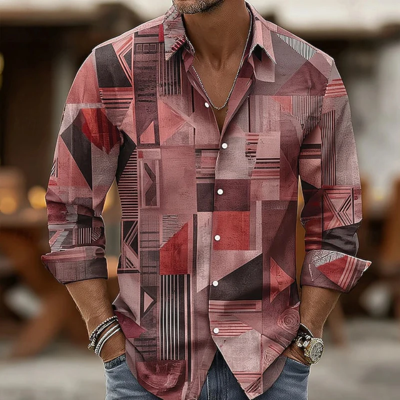 Men's Long Sleeve Shirt Retro Patchwork Geometric Print Turn‑down Collar Casual Daily Top Mens Clothing