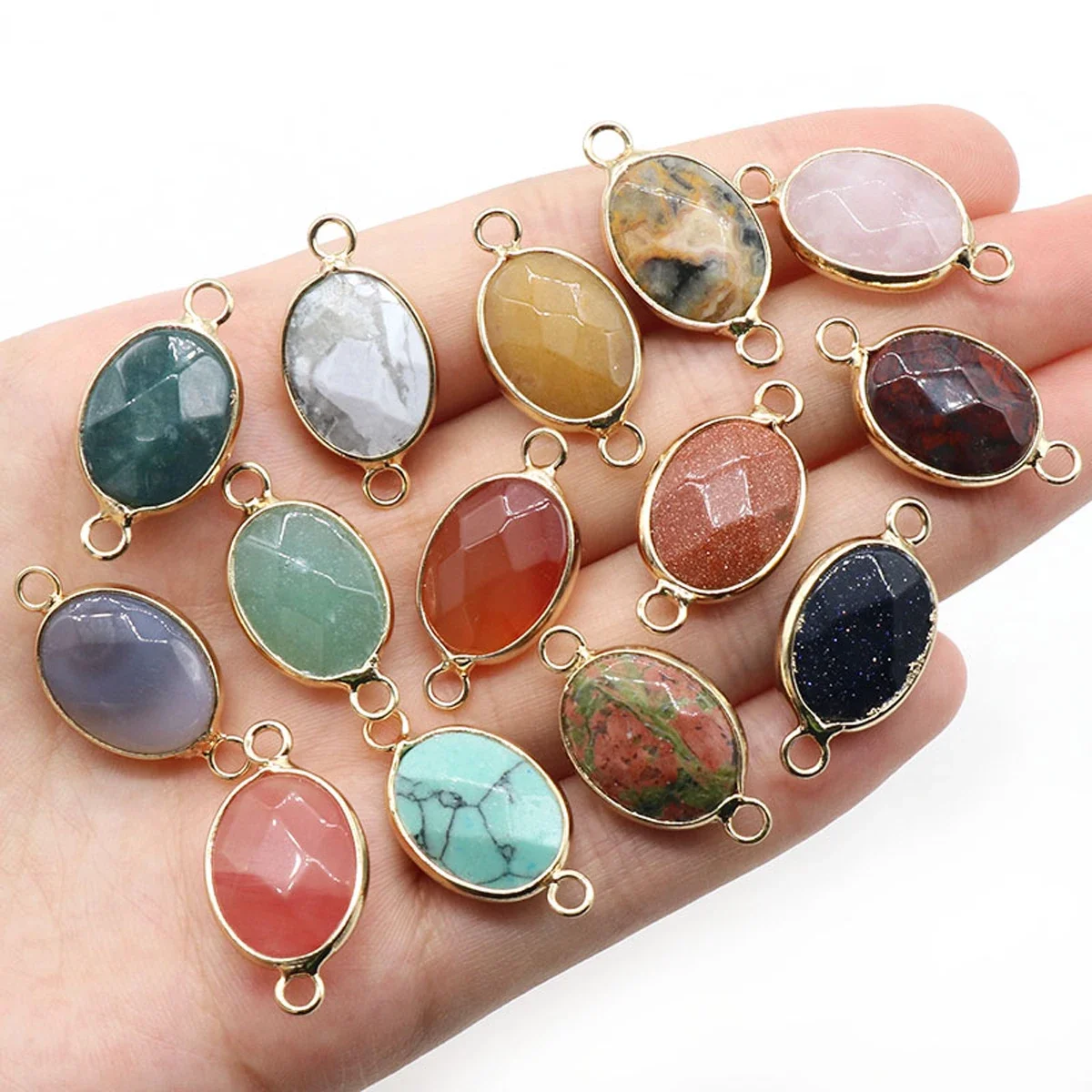 Natural Stone Crystal Double Hole Pendant Oval Shape Charms for Jewelry Making Supplies DIY Necklace Bracelet Accessory 25x13mm