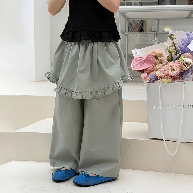 Girls Korean Sweet Style Long Pants with Ruffled Hem and Detailed False Two-Piece Design Casual Pants