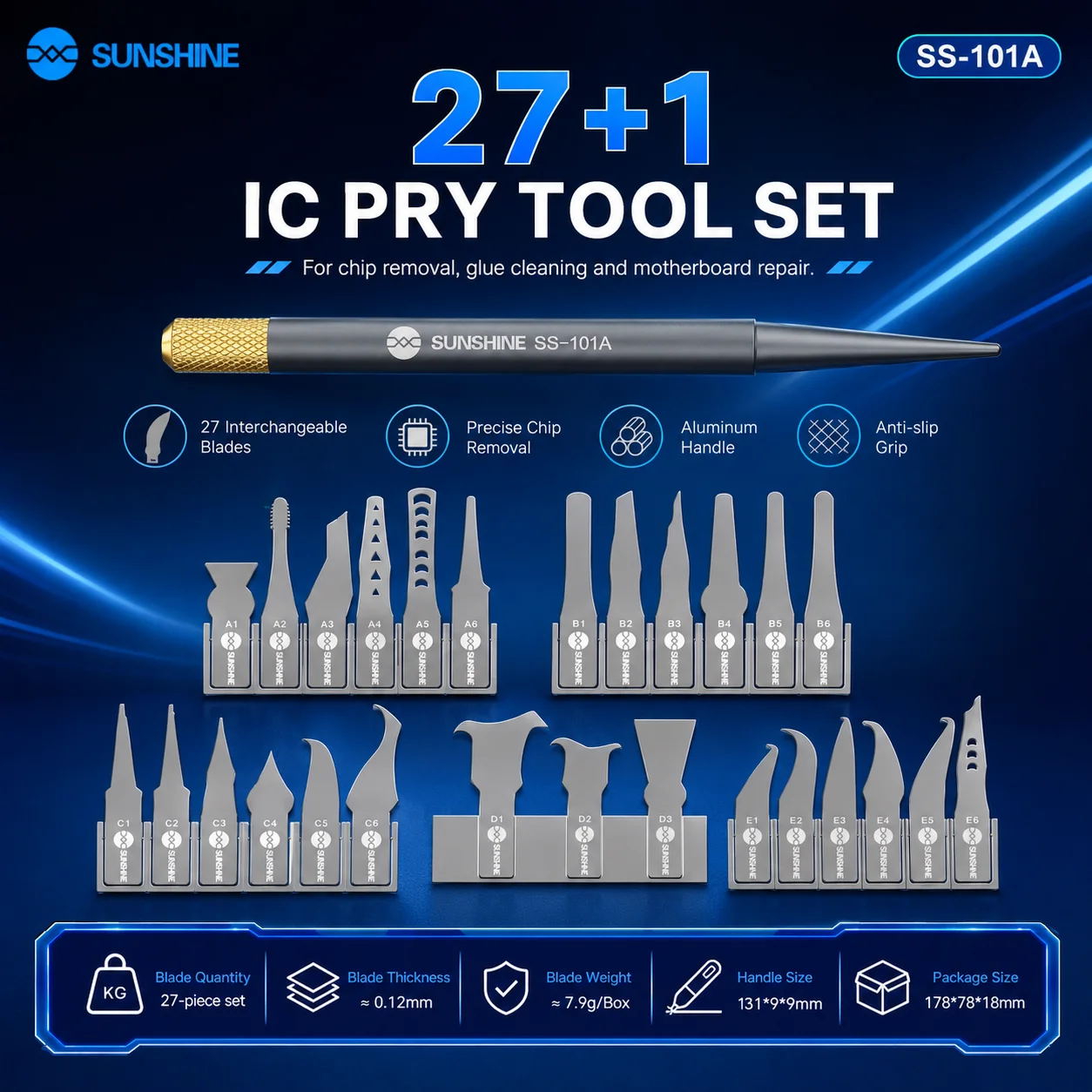 SUNSHINE SS-101A IC Pry Tool Set 27 Blades 1 Handle Ultra Thin for BGA Chip Removal Glue Cleaning Motherboard Repair Tools Kit