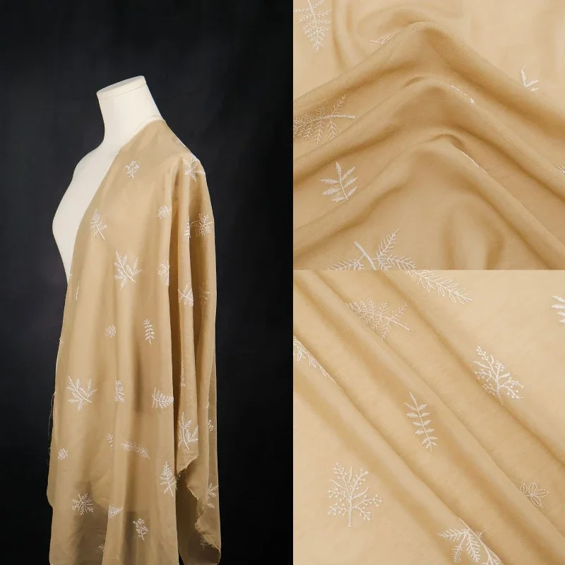 Light Brown Artificial Silk Linen Fabric Leaf Embroidery Lace Semi Transparent Soft Skin Friendly Shirt Spring Summer Fabric