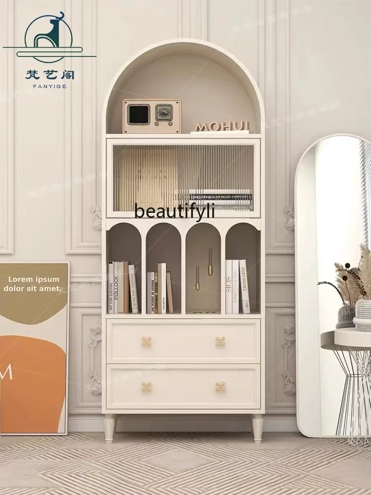 American-Style Solid Wood Bookcase Simple Arch Storage Cabinet Cream Color Storage Cabinet Decorative Wine Cabinet