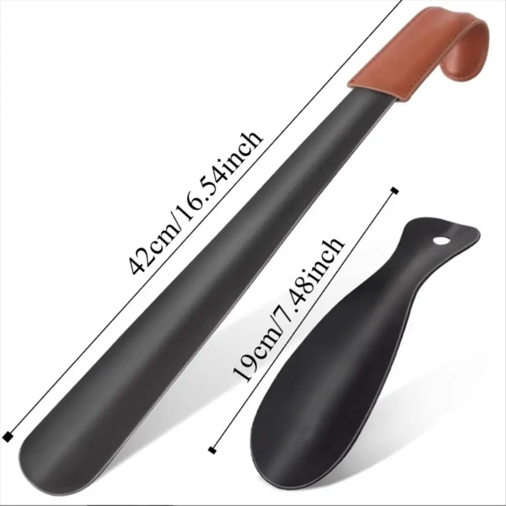 Long Handle Shoe Horn Leather Strap Spoon Shape Leather Shoe Horn Set 42cm Stainless Steel Long Shoe Lifter Shoes Accessories