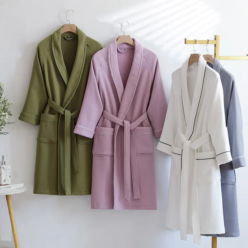Cotton Terry BathRobe Spring Autumn Morning Robes Sleeve Waffle Bathrobe Hotel Autumn Winter Towel Couples Pajamas Sleepwear
