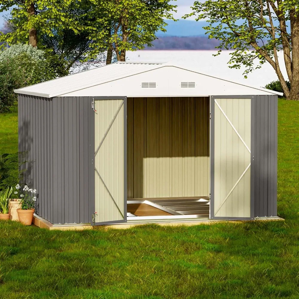 

10 X 8 FT Outdoor Storage Shed with Floor Frame, Large Garden Tool Metal Shed with Sloping Roof and Double Lockable Door