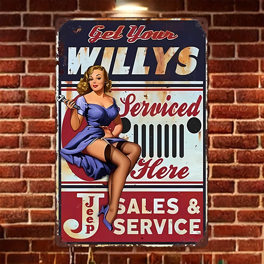 High-Definition Metal Tin Sign, Vintage Willys Jeep Sales and Service, Garage Man Cave Retro Wall Decoration for Car Enthusiasts
