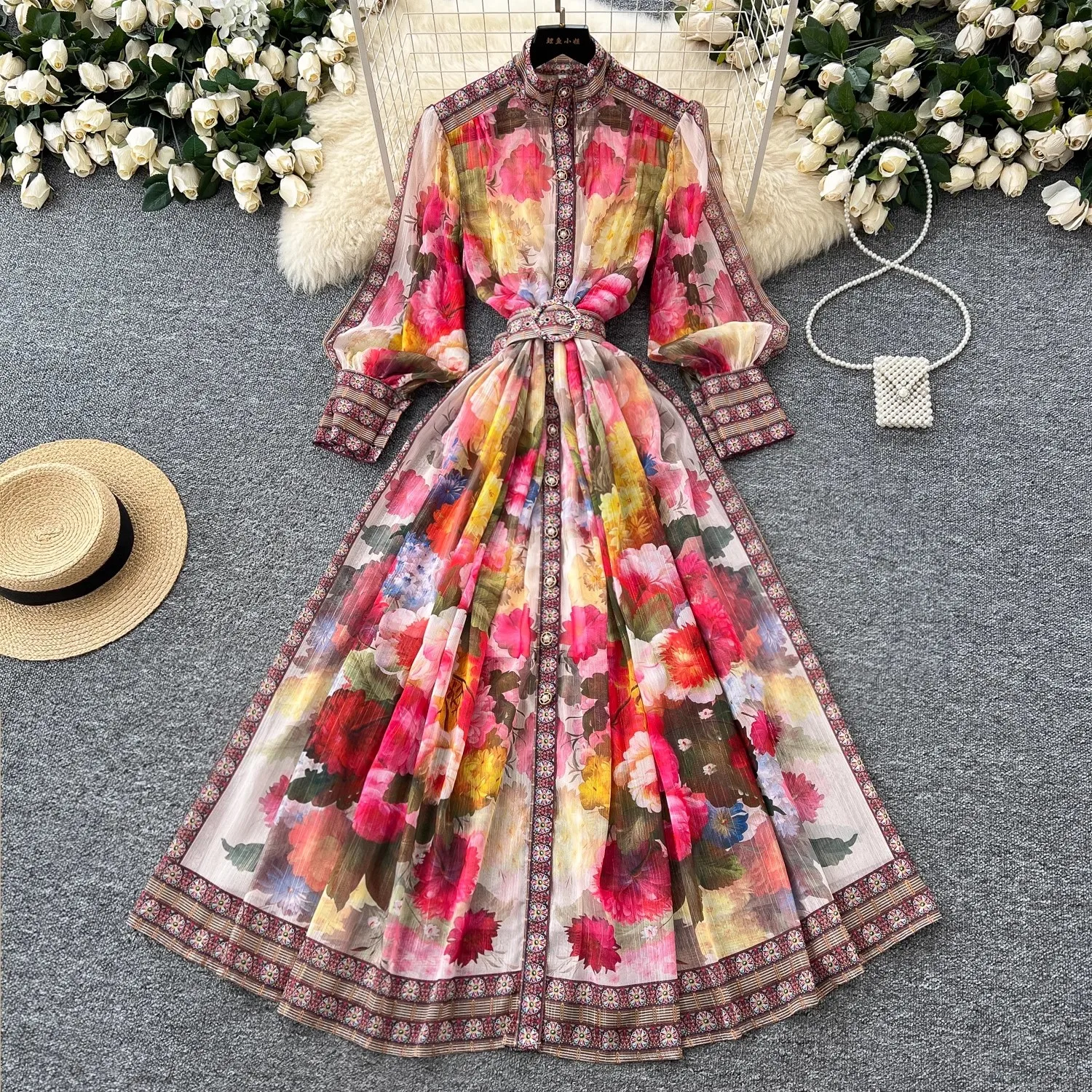 

Spring Bright Silk Gorgeous Flower Chiffon Dress Women's Stand Long Lantern Sleeve Floral Print Belt Loose A Line Robe Vestidos