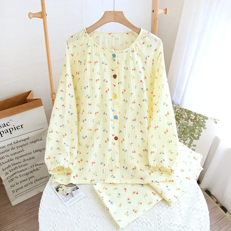 Women\'s Pajamas New Autumn Spring Long Sleeve Soft Sleepwear Set Yellow Flowers Pyjama Woman Home Nightwear Set Cardigan