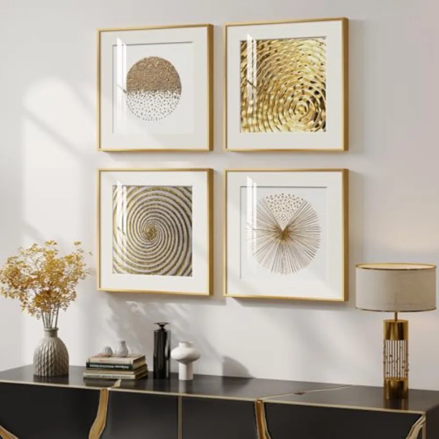 

4 Pcs Framed Modern Gold and White Wall Art, Luxury Minimalist Canvas Pictures Prints, Geometric Painting Artwork Home Decorati