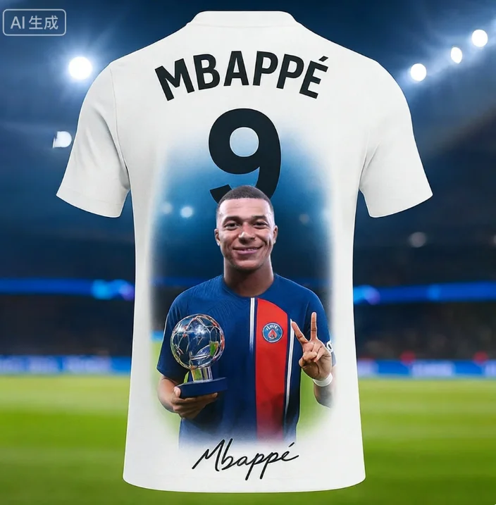 

2026 Новая модель Kylian Mbappé Wears Real Madrid. Джерси 9, культовый жест на поле, захваченный в момент