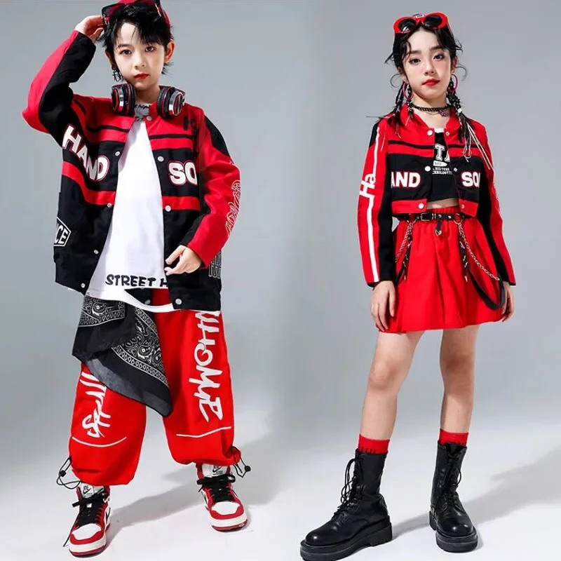 Jongens Hiphop Kleding Contrast Jas Cargo Broek Meisjes Rode Crop Jas Streetwear Streetdance Kostuums Kids Jazz Kleding Sets