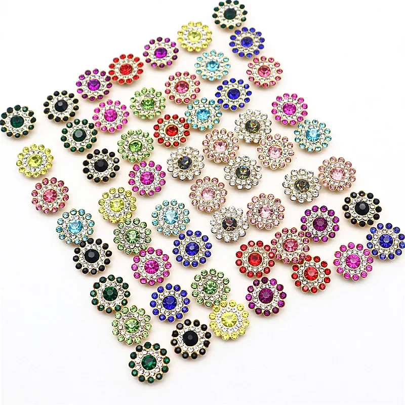 14mm Crystal Triple Sunflower Crystal Glass Drill Hand Stitch Rhinestone Diamond Metal Base for Sewing Buttons 20-40pcs