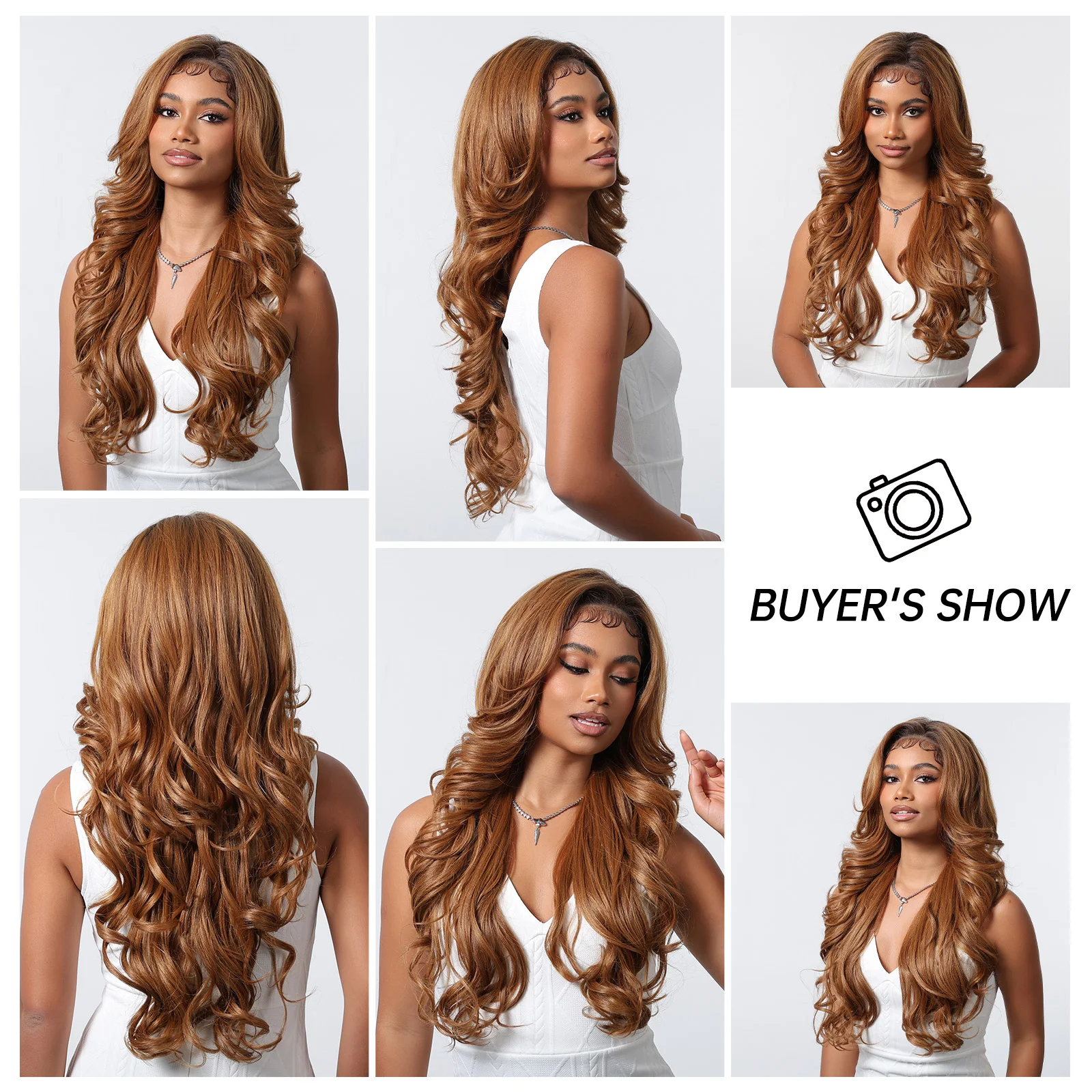 13*6 Swiss Lace Frontal Synthetic Wigs Preplucked Long Golden Brown Body Wave Afro Wigs Dark Root Wigs for Black Women Brazilian