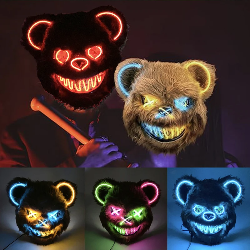 Halloween Horror Light Up Mask Glowing Bloody Bear Killer Mask Flashing Neon Scary Bear Mask for Cosplay Mask Purim Props