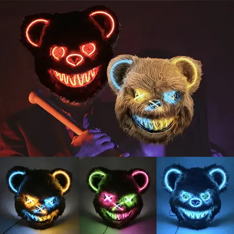 Halloween Light Up Horror Mask Glowing Bloody Bear Killer Mask Flashing Neon Scary Bear Mask for cosplay mask purim props