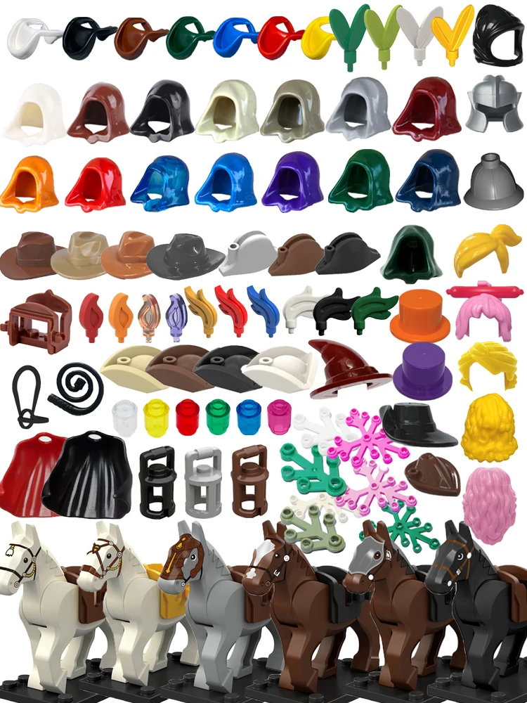 MOC – ensemble de blocs de construction en briques, Cowboy, Triangle de Pirate, chapeau, coiffure en plumes, cape à capuche, chercheurs de chevalier, jouets de bricolage pour enfants